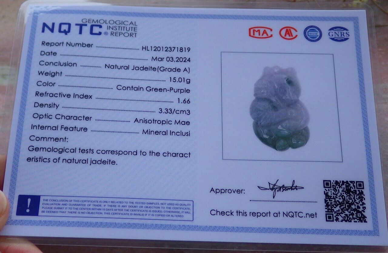 Certified Lavender Green Burma 100% Natural A Jade jadeite Pendant Panda Bamboo Necklace 熊猫 653776 TN